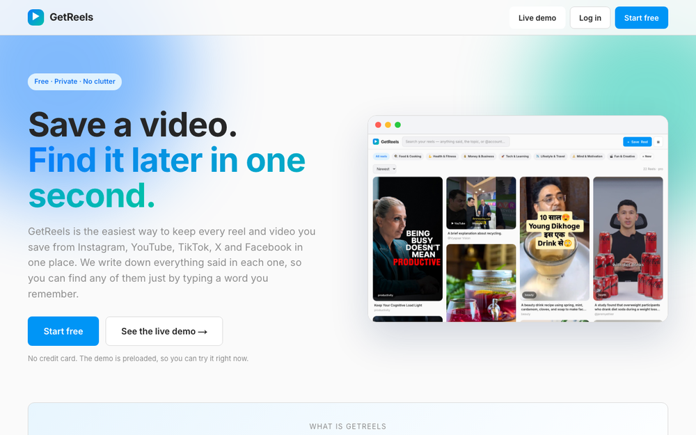 GetReels — Save a video, find it in one second.