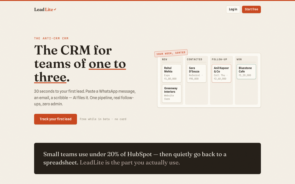 LeadLite — The CRM for teams of one.